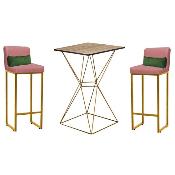 Imagem de Kit Mesa Bistrô Lucca e 2 Banqueta Lucca Tampo Carvalho Ferro Dourado Suede Rose Gold e Almofada Verde - Ahazzo Móveis