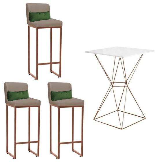 Imagem de Kit Mesa Bistrô Lucca e 3 Banqueta Lucca Tampo Branco Ferro Bronze Suede Bege e Almofada Verde - Ahazzo Móveis