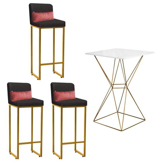 Imagem de Kit Mesa Bistrô Lucca e 3 Banqueta Lucca Tampo Branco Ferro Dourado Suede Bege e Almofada Rose Gold - Ahazzo Móveis