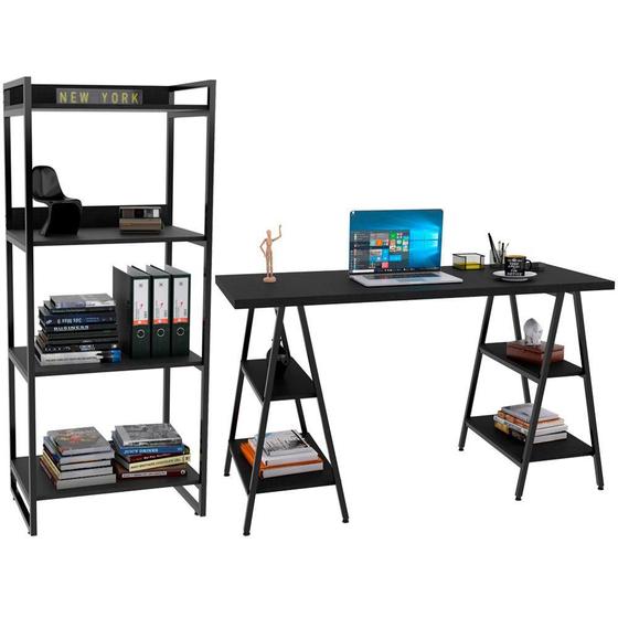 Imagem de Kit Mesa Cavalete 135cm com Estante 4 Prateleiras Estilo Industrial Form C01 Preto Onix - Lyam Decor
