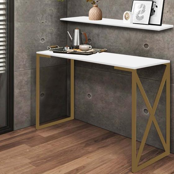 Imagem de Kit Mesa de Estudos com Prateleira Bex Office Industrial Ferro Dourado MDF Branco - Ahz Móveis