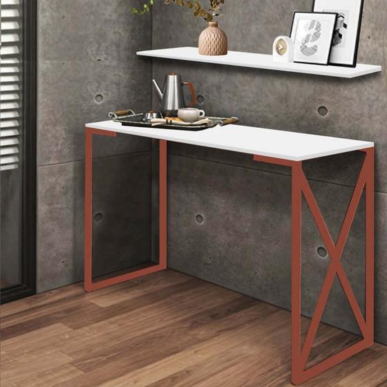 Imagem de Kit Mesa de Estudos com Prateleira Bex Office Industrial Ferro Rose Gold MDF Branco - Ahz Móveis