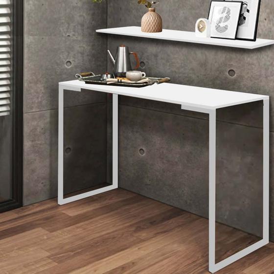 Imagem de Kit Mesa de Estudos com Prateleira Stan Office Industrial Ferro Branco MDF Branco - Ahazzo Móveis