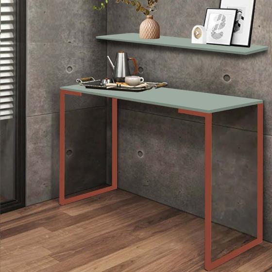 Imagem de Kit Mesa de Estudos com Prateleira Stan Office Industrial Ferro Bronze MDF Verde Oliva - Ahz Móveis