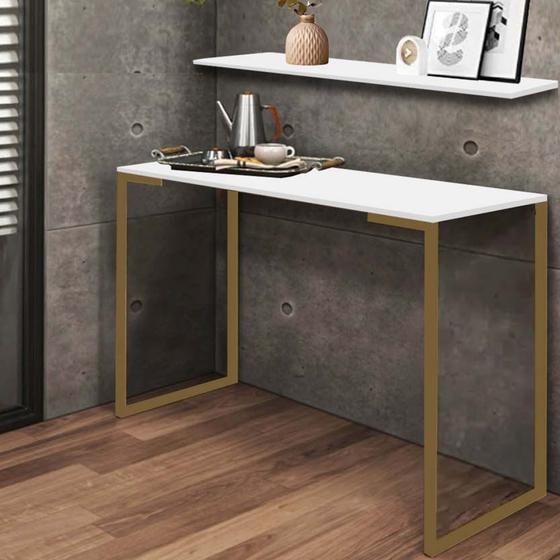 Imagem de Kit Mesa de Estudos com Prateleira Stan Office Industrial Ferro Dourado MDF Branco - Ahazzo Móveis