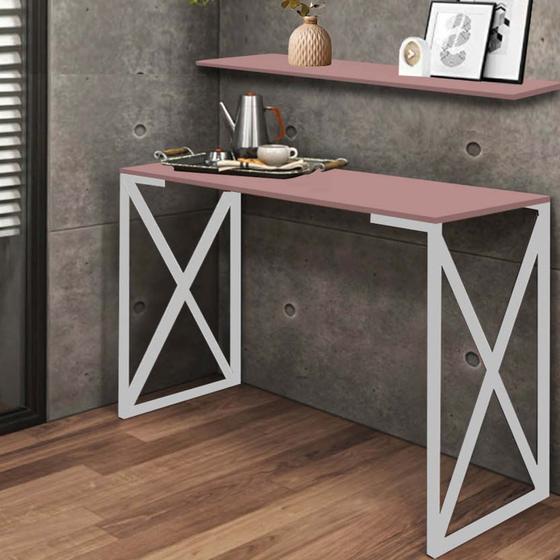 Imagem de Kit Mesa de Estudos com Prateleira Zurik Office Industrial Ferro Branco MDF Rosa - Ahz Móveis