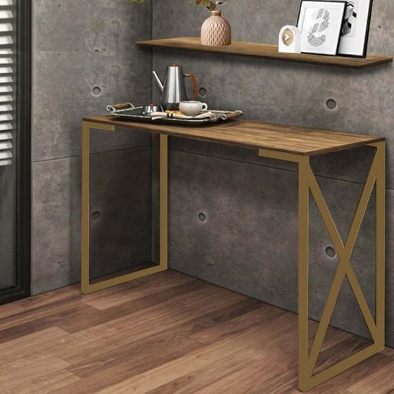 Imagem de Kit Mesa de Estudos com Prateleira Zurik Office Industrial Ferro Dourado MDF Caramelo - Ahazzo Móveis