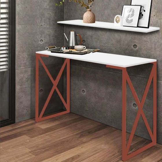 Imagem de Kit Mesa de Estudos com Prateleira Zurik Office Industrial Ferro Rose Gold MDF Branco - Ahz Móveis