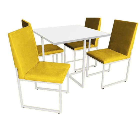 Imagem de Kit Mesa de Jantar Thales com 4 Cadeiras Sttan Ferro Branco Tampo Branco material sintético Amarelo - Ahz Móveis