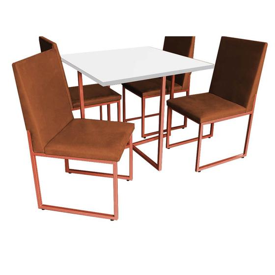 Imagem de Kit Mesa de Jantar Thales com 4 Cadeiras Sttan Ferro Bronze Tampo Branco Suede Terracota - Ahz Móveis