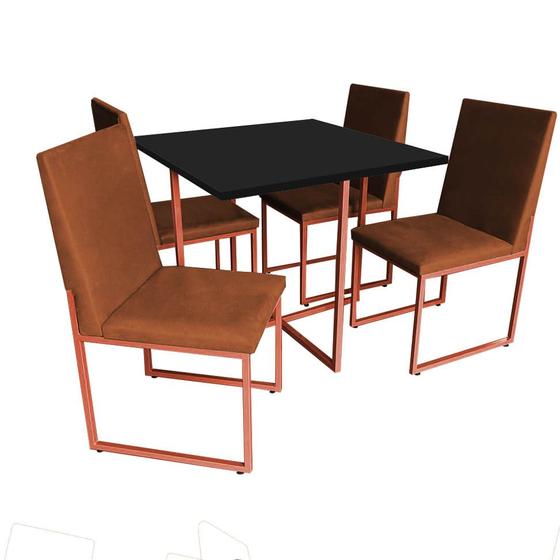 Imagem de Kit Mesa de Jantar Thales com 4 Cadeiras Sttan Ferro Bronze Tampo Preto Suede Terracota - Ahazzo Móveis