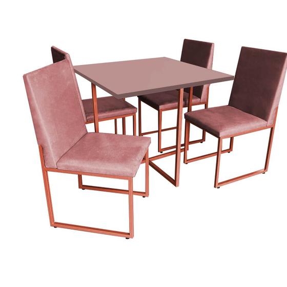 Imagem de Kit Mesa de Jantar Thales com 4 Cadeiras Sttan Ferro Bronze Tampo Rose Rosa Suede Rose Gold - Ahz Móveis