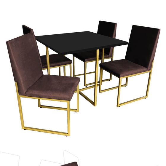 Imagem de Kit Mesa de Jantar Thales com 4 Cadeiras Sttan Ferro Dourado Tampo Preto material sintético Marrom - Ahz Móveis