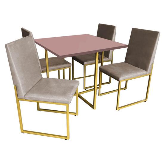 Imagem de Kit Mesa de Jantar Thales com 4 Cadeiras Sttan Ferro Dourado Tampo Rose Rosa Sintético Bege - Ahazzo Móveis