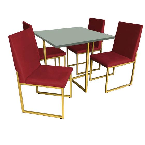 Imagem de Kit Mesa de Jantar Thales com 4 Cadeiras Sttan Ferro Dourado Tampo Verde Oliva material sintético Vermelho - Ahz Móveis