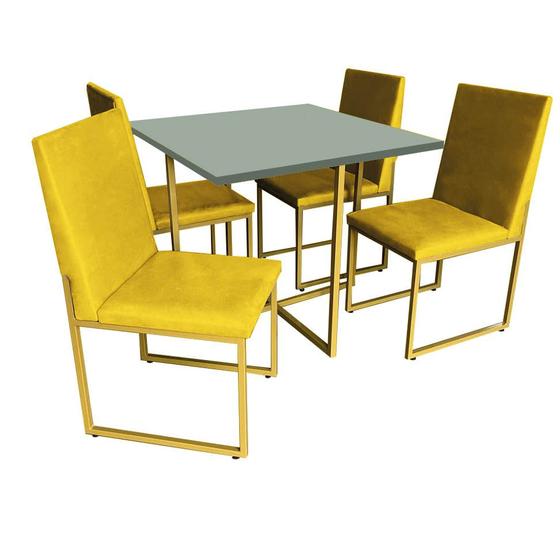 Imagem de Kit Mesa de Jantar Thales com 4 Cadeiras Sttan Ferro Dourado Tampo Verde Oliva Suede Amarelo - Ahz Móveis