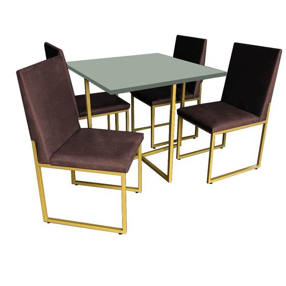 Imagem de Kit Mesa de Jantar Thales com 4 Cadeiras Sttan Ferro Dourado Tampo Verde Oliva Suede Marrom - Ahz Móveis