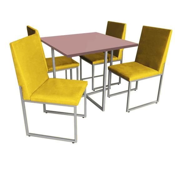 Imagem de Kit Mesa de Jantar Thales com 4 Cadeiras Sttan Ferro Prata Tampo Rose Rosa material sintético Amarelo - Ahz Móveis