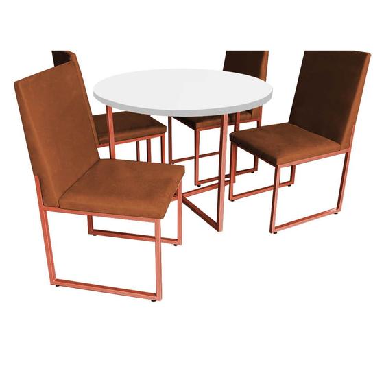 Imagem de Kit Mesa de Jantar Theo com 4 Cadeiras Sttan Ferro Bronze Tampo Branco Suede Terracota - Ahazzo Móveis