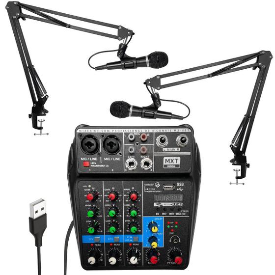 Imagem de Kit Mesa De Som Mx-4bt 4 Canais Interface + 2 Microfones Articulados Home Studio Podcast