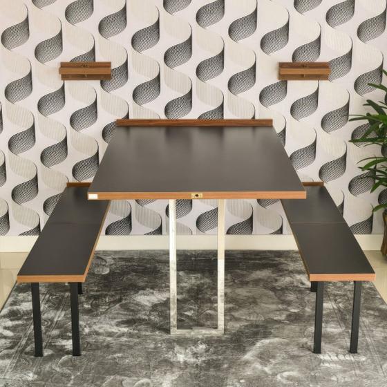 Imagem de Kit Mesa Dobrável Retrátil de Parede INOX Com Bancos 1,40m