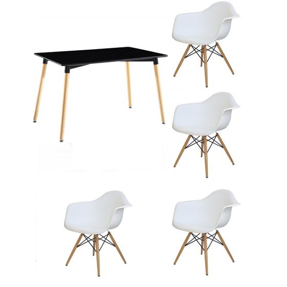 Imagem de Kit mesa eames adulto quadrada 80x140cm preto 4 cadeiras eames com braço branco