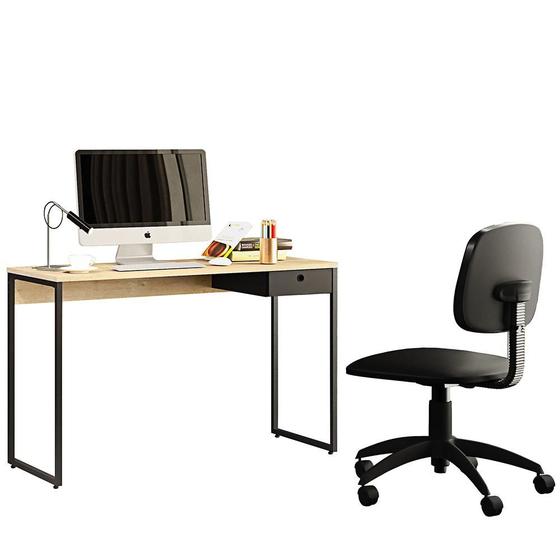 Imagem de Kit Mesa Escritório Lead 1 Gaveta Industrial F01 Nature Preto e Cadeira Economy Material Sintético - Lyam Decor