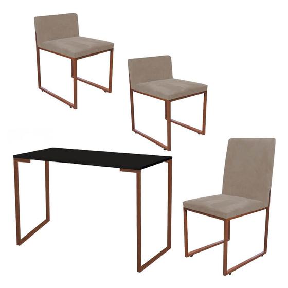 Imagem de Kit Mesa Escrivaninha com Cadeira Stan e 2 Poltronas Lee Tampo Preto Ferro Bronze Tecido Sintético Bege - Ahz Móveis