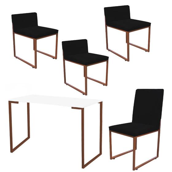 Imagem de Kit Mesa Escrivaninha com Cadeira Stan e 3 Poltronas Lee Tampo Branco Ferro Bronze Suede Preto - Ahz Móveis