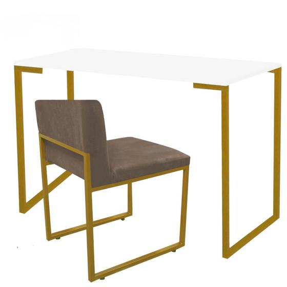 Imagem de Kit Mesa Escrivaninha Stan e Cadeira Lee Industrial Escritório Tampo Branco Dourado Suede Bege - Ahz Móveis