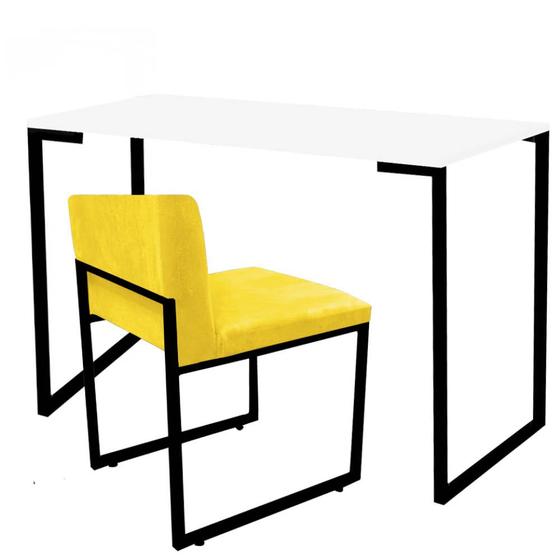 Imagem de Kit Mesa Escrivaninha Stan e Cadeira Lee Industrial Escritório Tampo Branco Preto material sintético Amarelo - Ahz Móveis