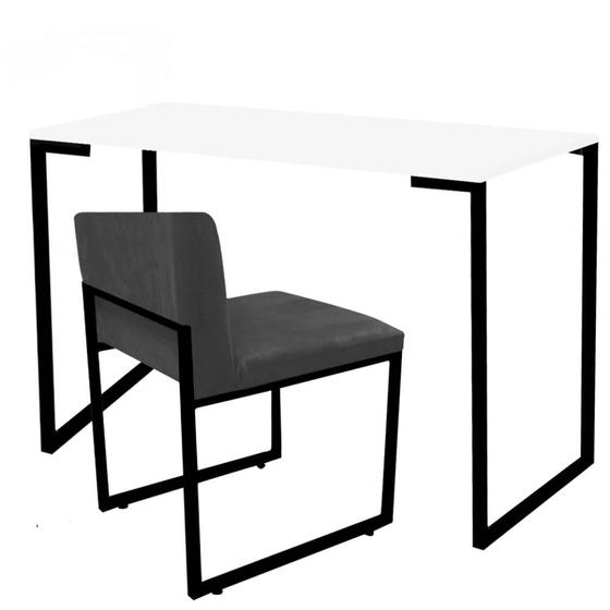Imagem de Kit Mesa Escrivaninha Stan e Cadeira Lee Industrial Escritório Tampo Branco Preto material sintético Cinza - Ahz Móveis