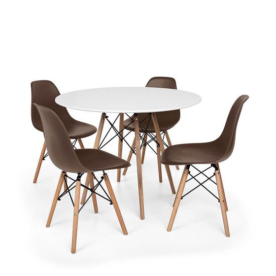 Imagem de Kit Mesa Jantar Eiffel 100cm Branca + 04 Cadeiras Charles Eames - Marrom