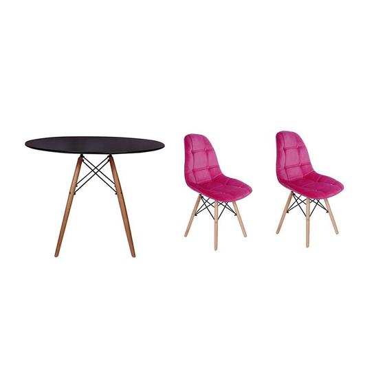 Imagem de Kit Mesa Jantar Eiffel 100cm Preta + 02 Cadeiras Botonê Veludo - Rosa