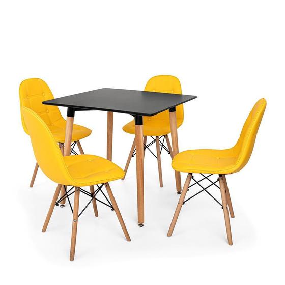Imagem de Kit Mesa Jantar Eiffel 80x80 Preta + 04 Cadeiras Charles Eames Botonê - Amarela
