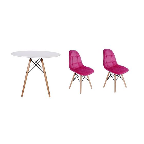 Imagem de Kit Mesa Jantar Eiffel 90cm Branca + 03 Cadeiras Botonê Veludo - Rosa