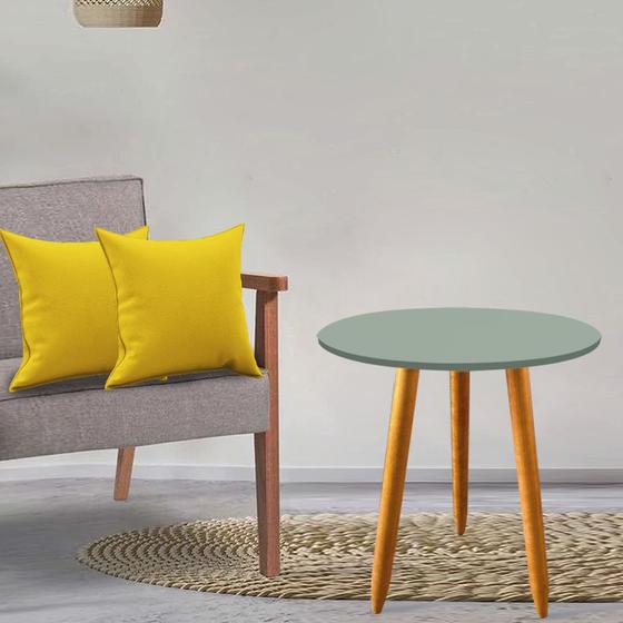 Imagem de Kit Mesa Lateral Madrid Pé Palito Verde Oliva e 2 Almofadas Com Enchimento Suede Amarelo - Ahazzo Móveis