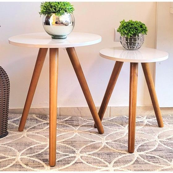 Imagem de kit Mesa lateral redonda e canto Kit com 2 unidades com 3 pé palito Madeira Branco