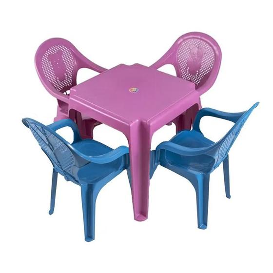 Imagem de Kit Mesa Mais 2 Cadeiras Rosa e 2 Azul Infantil 58x26cm Teddy