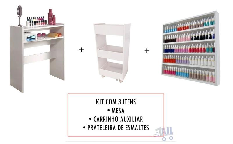 Imagem de kit Mesa Manicure + Porta Esmaltes +  Aparador Carrinho Auxiliar - AJB