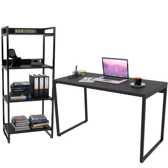 Imagem de Kit Mesa Para Escritório com Estante 4 Prateleiras Industrial Form 120 cm Preto Onix - Lyam Decor