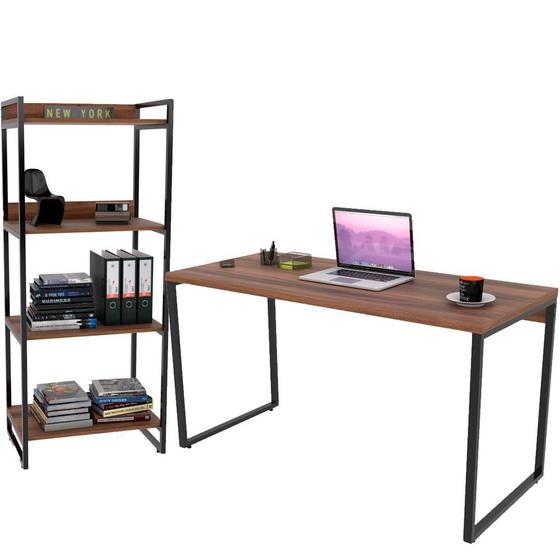 Imagem de Kit Mesa Para Escritório com Estante 4 Prateleiras Industrial Form 135 cm Nogal - Lyam Decor