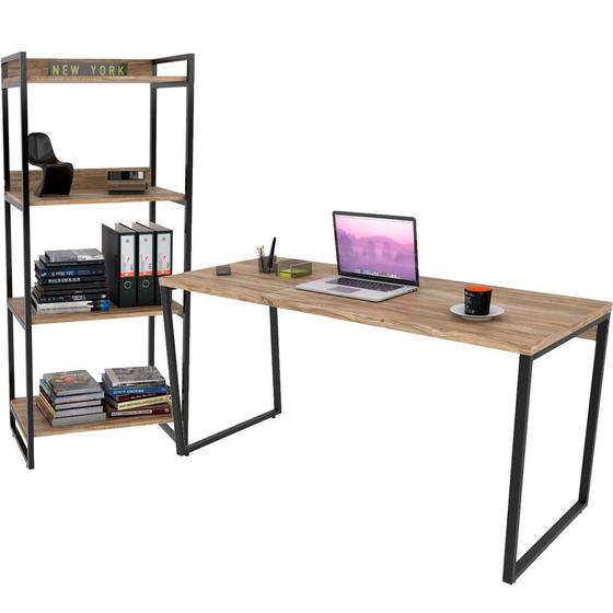 Imagem de Kit Mesa Para Escritório com Estante 4 Prateleiras Industrial Form 150 cm Carvalho - Lyam Decor