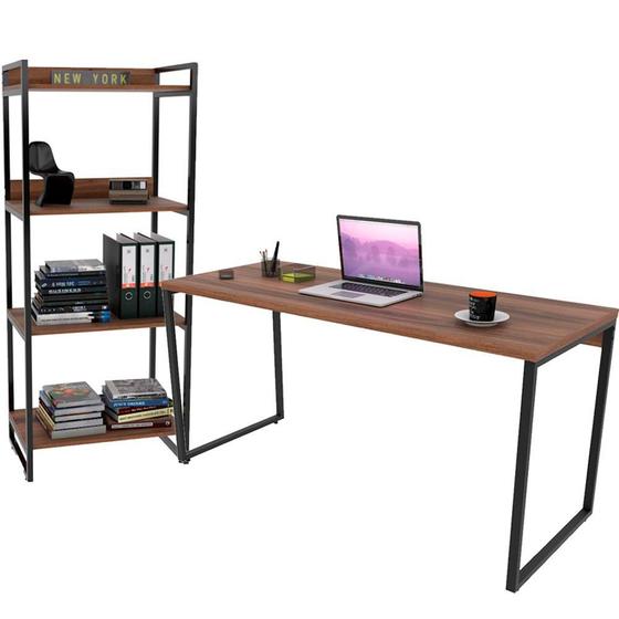 Imagem de Kit Mesa Para Escritório com Estante 4 Prateleiras Industrial Form C01 150 cm Nogal - Lyam Decor