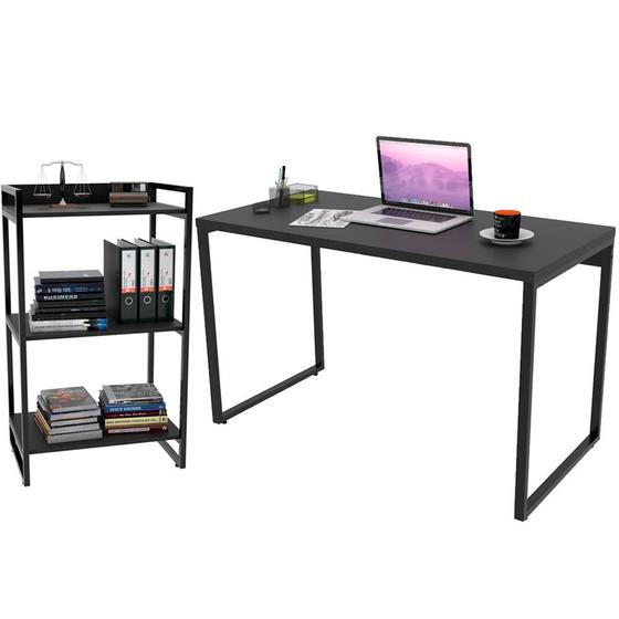 Imagem de Kit Mesa Para Escritório com Estante Office Estilo Industrial Form 120 cm Preto Onix - Lyam Decor