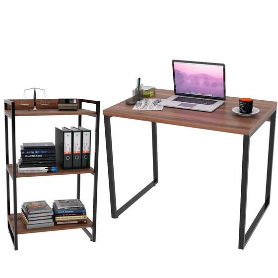 Imagem de Kit Mesa Para Escritório com Estante Office Estilo Industrial Form 90 cm Nogal - Lyam Decor