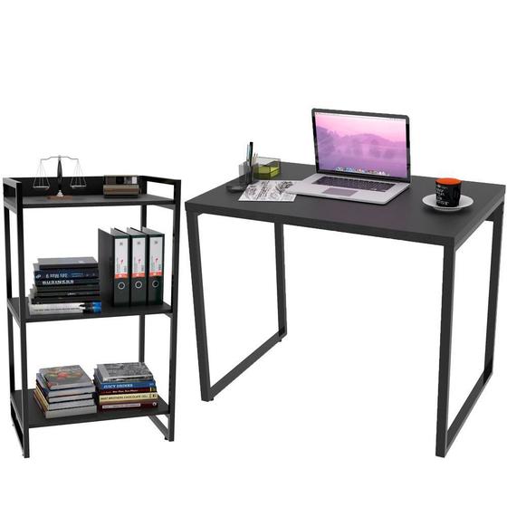 Imagem de Kit Mesa Para Escritório com Estante Office Estilo Industrial Form 90 cm Preto Onix - Lyam Decor