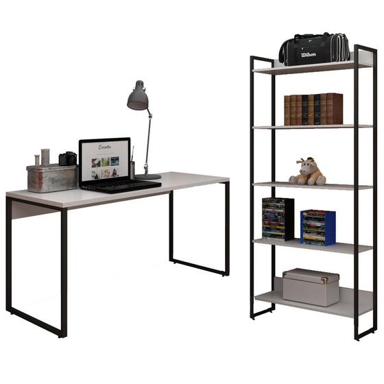 Imagem de Kit Mesa Para Escritório Home Office 150cm com Estante Industrial Soft F01 Branco Fosco - Lyam Decor