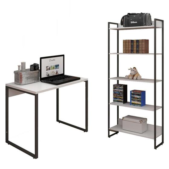 Imagem de Kit Mesa Para Escritório Home Office 90 cm com Estante Industrial Soft F01 Branco Fosco - Lyam Decor