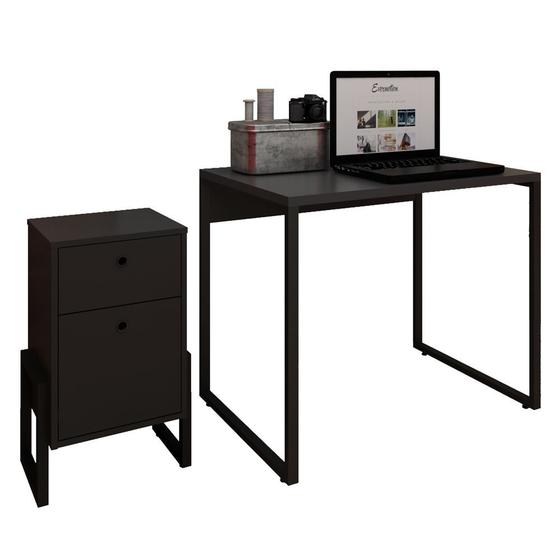 Imagem de Kit Mesa Para Escritório Industrial Soft 90 cm com Gaveteiro Work F01 Preto Fosco - Lyam Decor